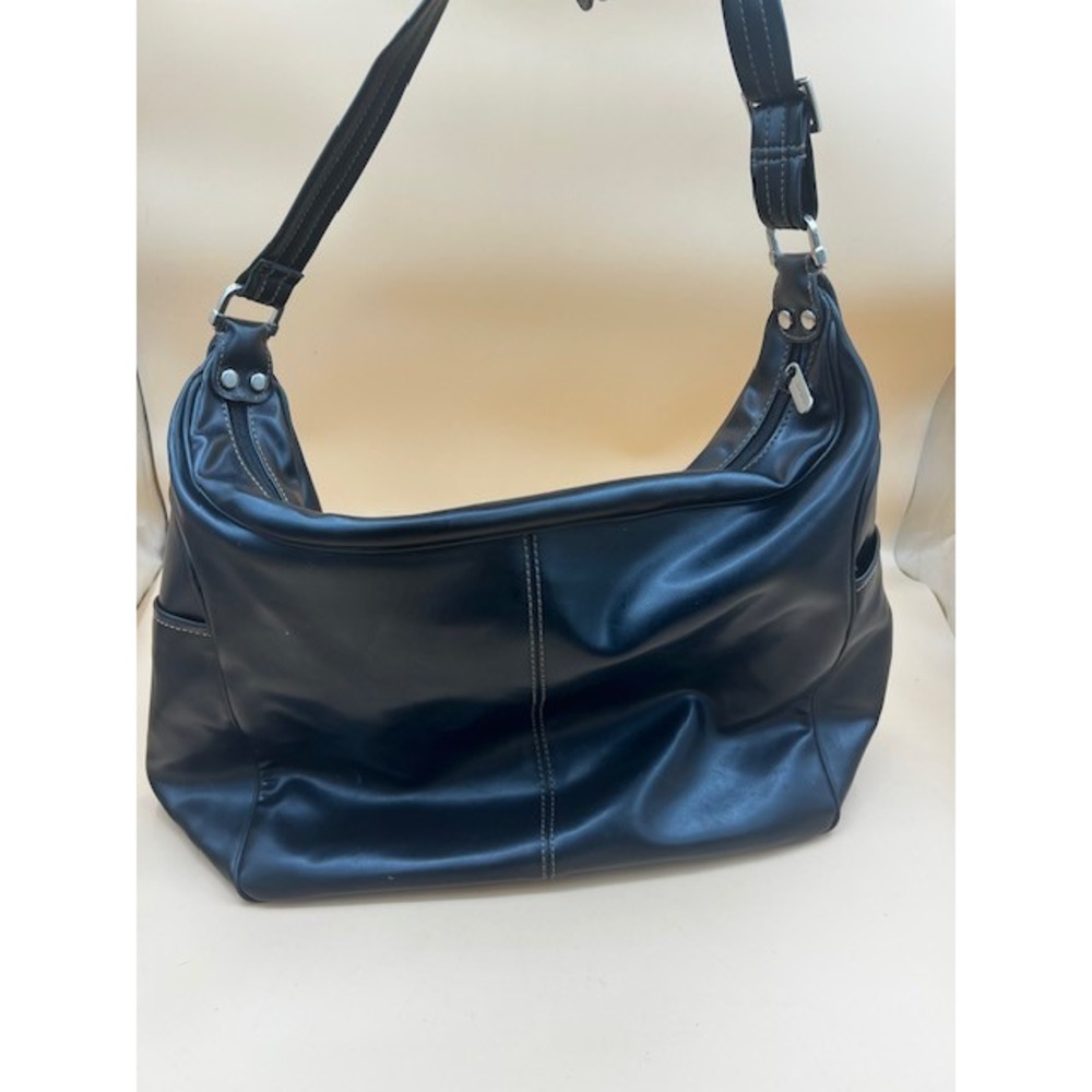 Nine West Shoulder Bag Women Large Black Faux Leather Hobo Contrast Stitch